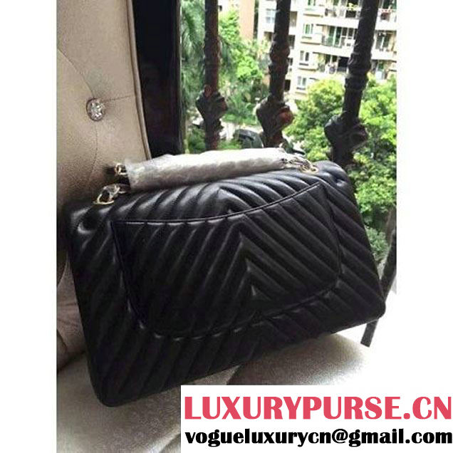 Chanel 1113 Lambskin Chevron Quilting Classic Jumbo Flap Bag Black 2015 (H-010735 )