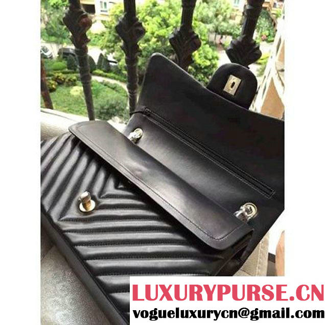 Chanel 1113 Lambskin Chevron Quilting Classic Jumbo Flap Bag Black 2015 (H-010735 )