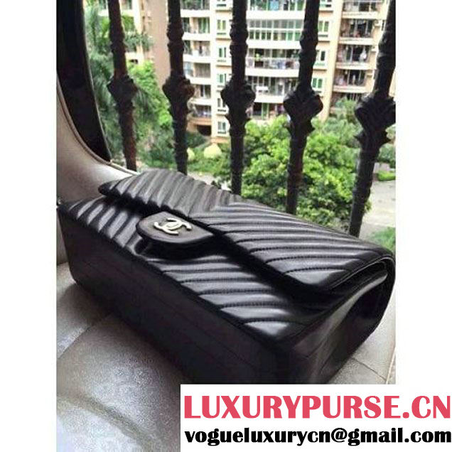 Chanel 1113 Lambskin Chevron Quilting Classic Jumbo Flap Bag Black 2015 (H-010735 )