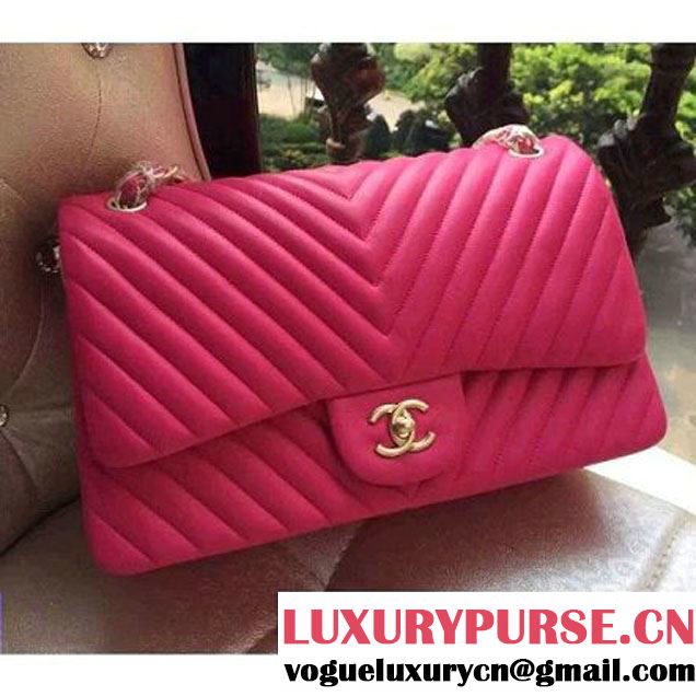 Chanel 1113 Lambskin Chevron Quilting Classic Jumbo Flap Bag Rosy 2015 (H-010737 )