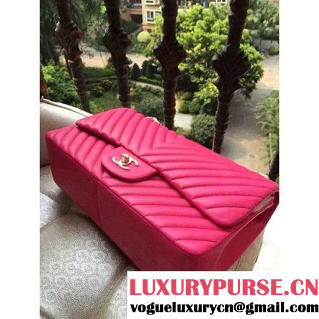 Chanel 1113 Lambskin Chevron Quilting Classic Jumbo Flap Bag Rosy 2015 (H-010737 )