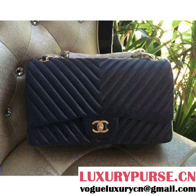 Chanel 1113 Lambskin Chevron Quilting Classic Jumbo Flap Bag Dark Blue 2015 (H-010738 )