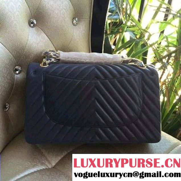 Chanel 1113 Lambskin Chevron Quilting Classic Jumbo Flap Bag Dark Blue 2015 (H-010738 )