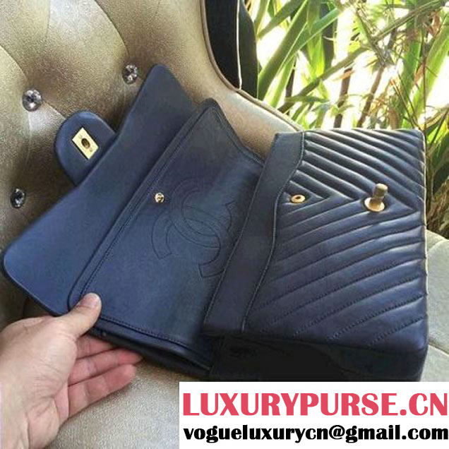 Chanel 1113 Lambskin Chevron Quilting Classic Jumbo Flap Bag Dark Blue 2015 (H-010738 )