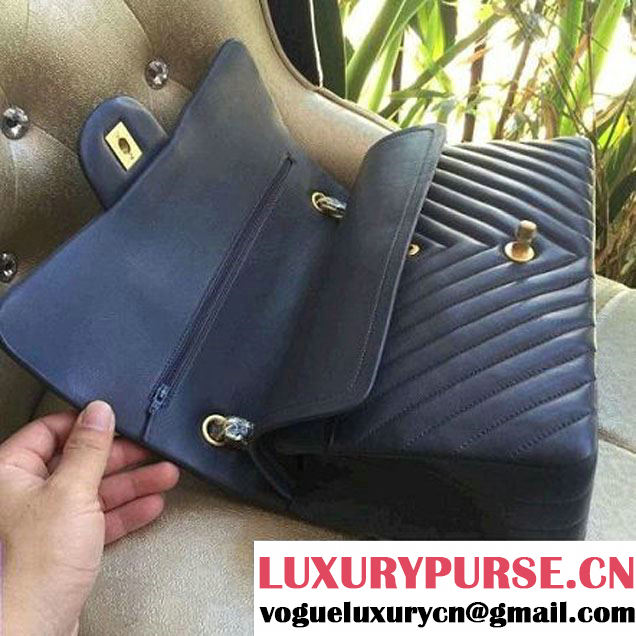 Chanel 1113 Lambskin Chevron Quilting Classic Jumbo Flap Bag Dark Blue 2015 (H-010738 )