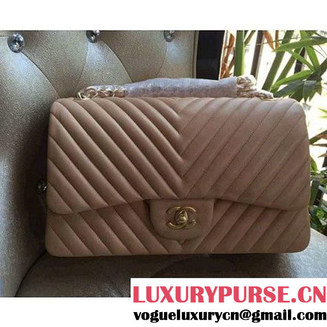 Chanel 1113 Lambskin Chevron Quilting Classic Jumbo Flap Bag Apricot 2015 (H-010736 )