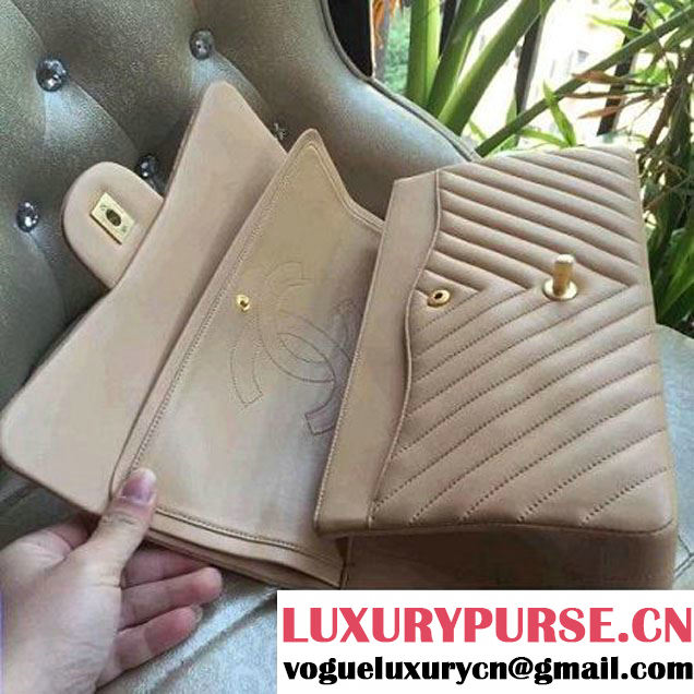 Chanel 1113 Lambskin Chevron Quilting Classic Jumbo Flap Bag Apricot 2015 (H-010736 )