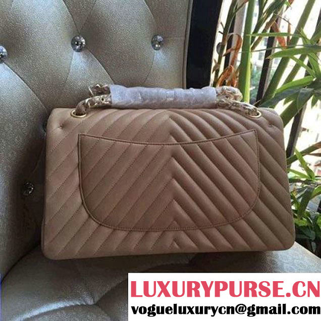 Chanel 1113 Lambskin Chevron Quilting Classic Jumbo Flap Bag Apricot 2015 (H-010736 )