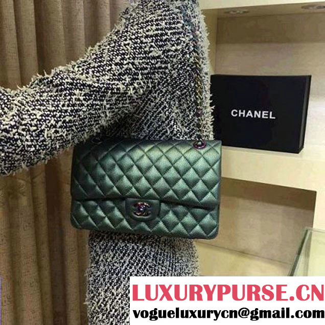 Chanel Medium Classic Flap Bag In Green Iridescent Deerskin 2016 (2A143-6011908 )