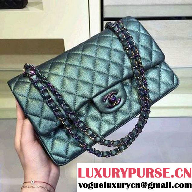 Chanel Medium Classic Flap Bag In Green Iridescent Deerskin 2016 (2A143-6011908 )