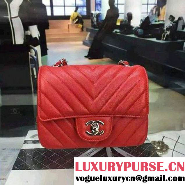 Chanel Mini Grained Calfskin Chevron Classic Flap Bag A01112 Red 2016 (2A058-6052301 )