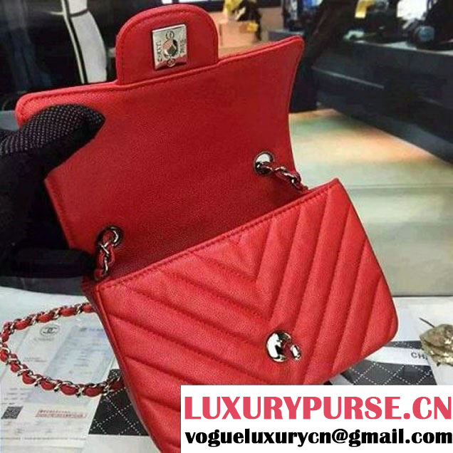 Chanel Mini Grained Calfskin Chevron Classic Flap Bag A01112 Red 2016 (2A058-6052301 )