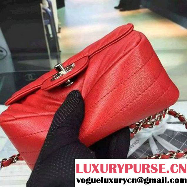 Chanel Mini Grained Calfskin Chevron Classic Flap Bag A01112 Red 2016 (2A058-6052301 )