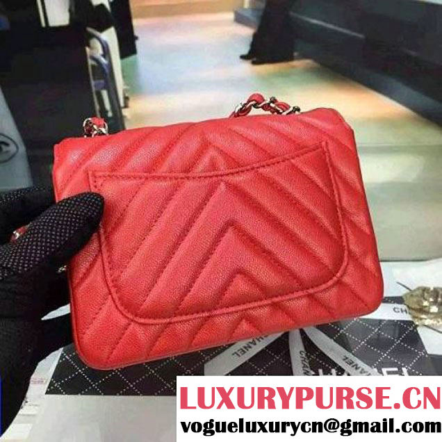Chanel Mini Grained Calfskin Chevron Classic Flap Bag A01112 Red 2016 (2A058-6052301 )