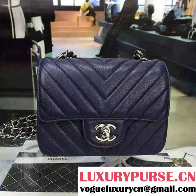 Chanel Mini Grained Calfskin Chevron Classic Flap Bag A01112 Royal Blue 2016 (2A058-6052302 )