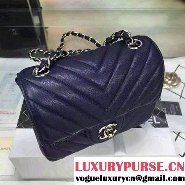 Chanel Mini Grained Calfskin Chevron Classic Flap Bag A01112 Royal Blue 2016 (2A058-6052302 )