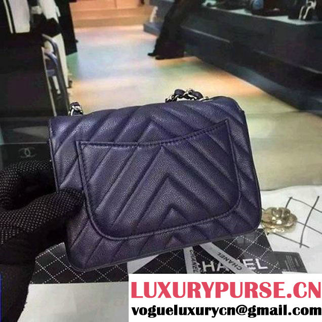 Chanel Mini Grained Calfskin Chevron Classic Flap Bag A01112 Royal Blue 2016 (2A058-6052302 )