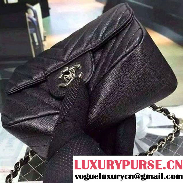Chanel Mini Grained Calfskin Chevron Classic Flap Bag A01112 Black 2016 (2A058-6052304 )