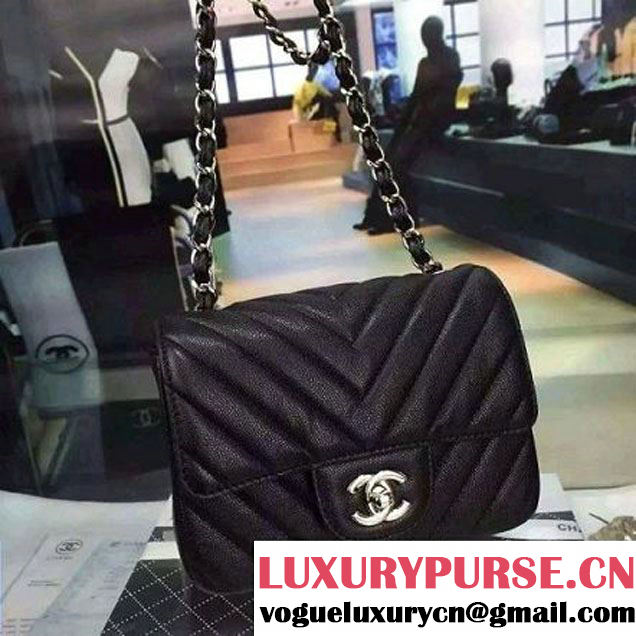 Chanel Mini Grained Calfskin Chevron Classic Flap Bag A01112 Black 2016 (2A058-6052304 )