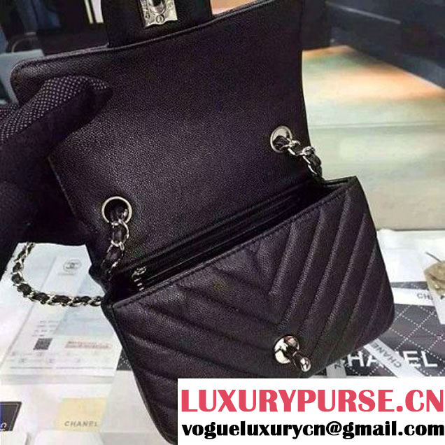 Chanel Mini Grained Calfskin Chevron Classic Flap Bag A01112 Black 2016 (2A058-6052304 )