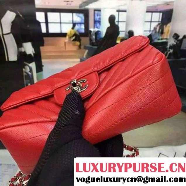 Chanel Small Grained Calfskin Chevron Classic Flap Bag A01112 Red 2016 (2A058-6052305 )