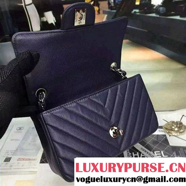 Chanel Small Grained Calfskin Chevron Classic Flap Bag Royal Blue 2016 (2A058-6052306 )