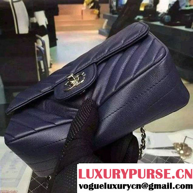 Chanel Small Grained Calfskin Chevron Classic Flap Bag Royal Blue 2016 (2A058-6052306 )