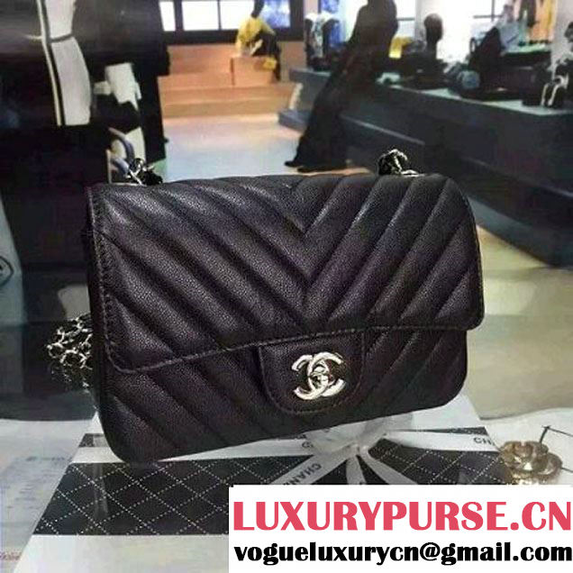 Chanel Small Grained Calfskin Chevron Classic Flap Bag Black 2016 (2A058-6052308 )