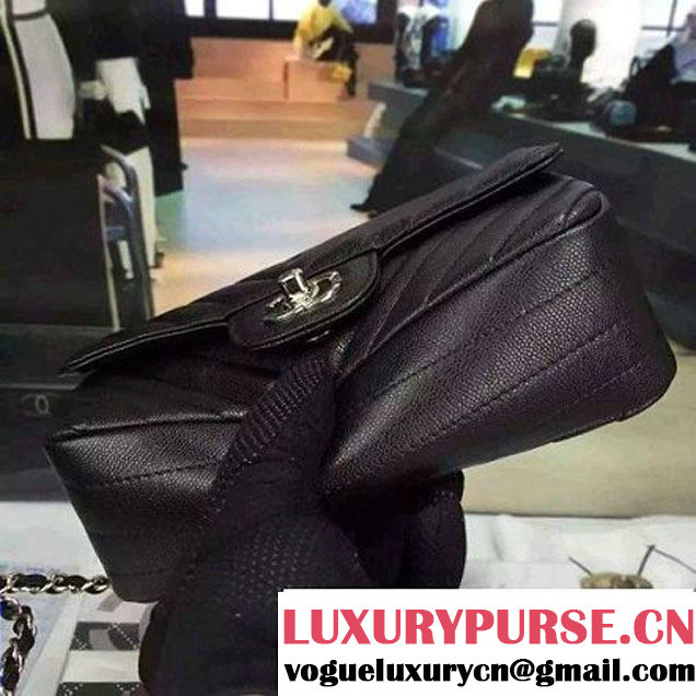 Chanel Small Grained Calfskin Chevron Classic Flap Bag Black 2016 (2A058-6052308 )