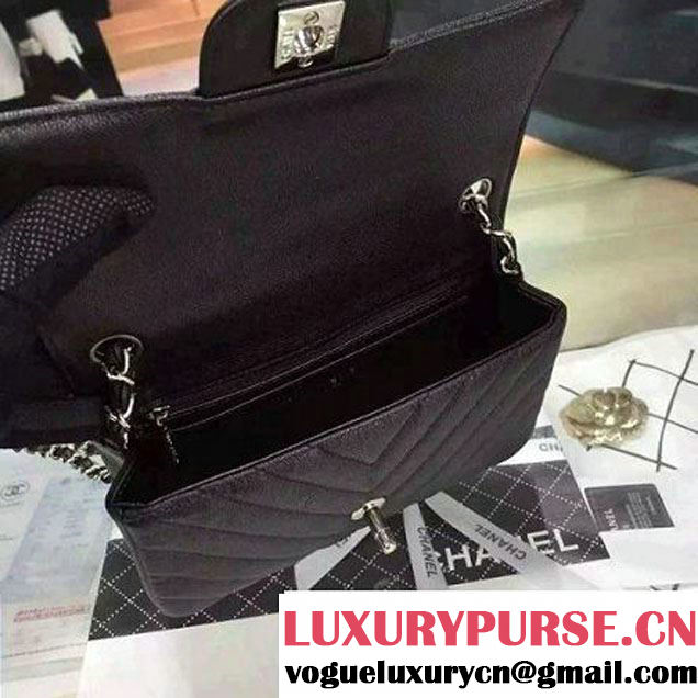 Chanel Small Grained Calfskin Chevron Classic Flap Bag Black 2016 (2A058-6052308 )