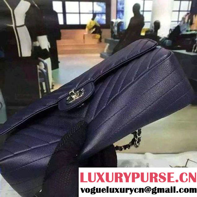 Chanel Medium Grained Calfskin Chevron Classic Flap Bag A01112 Royal Blue 2016 (2A058-6052310 )