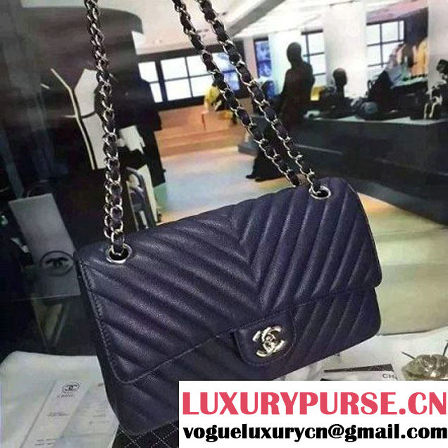 Chanel Medium Grained Calfskin Chevron Classic Flap Bag A01112 Royal Blue 2016 (2A058-6052310 )