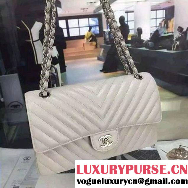 Chanel Medium Grained Calfskin Chevron Classic Flap Bag A01112 Greywhite 2016 (2A058-6052311 )