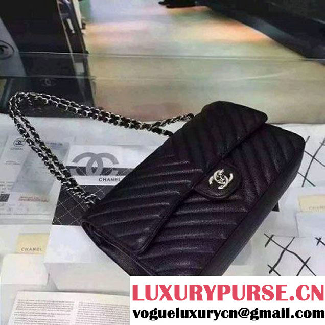 Chanel Medium Grained Calfskin Chevron Classic Flap Bag A01112 Black 2016 (2A058-6052312 )