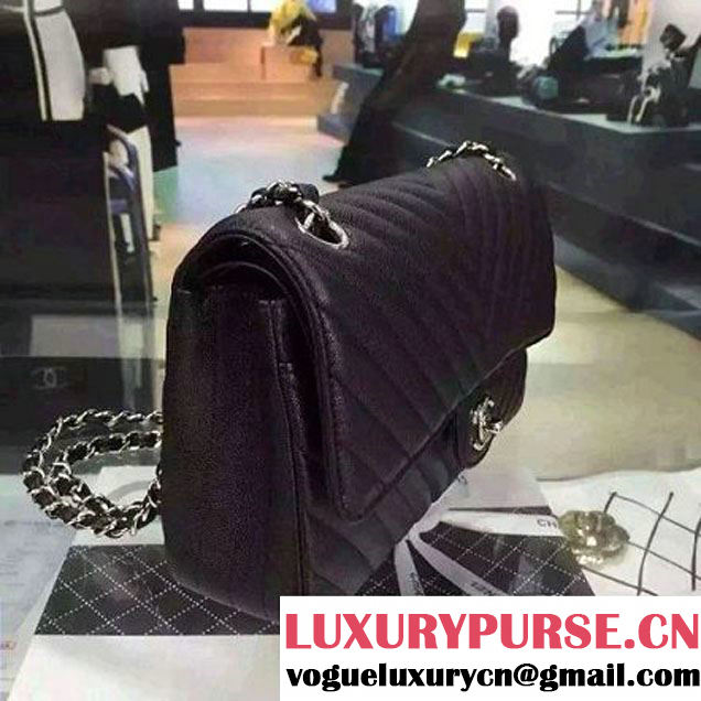 Chanel Medium Grained Calfskin Chevron Classic Flap Bag A01112 Black 2016 (2A058-6052312 )