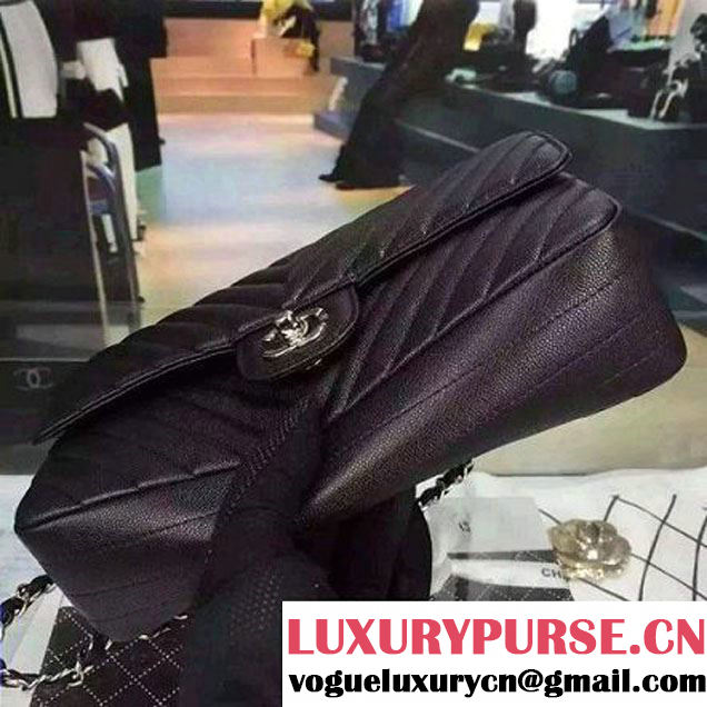 Chanel Medium Grained Calfskin Chevron Classic Flap Bag A01112 Black 2016 (2A058-6052312 )