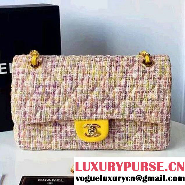 Chanel Tweed & Lambskin Classic Medium Flap Bag Multicolor Yellow 2017 (2A057-6121312 )