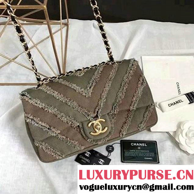 Chanel Canvas Chevron Patchwork Classic Flap Bag A93717 Green/Kahki 2017 (KN-6122601 )