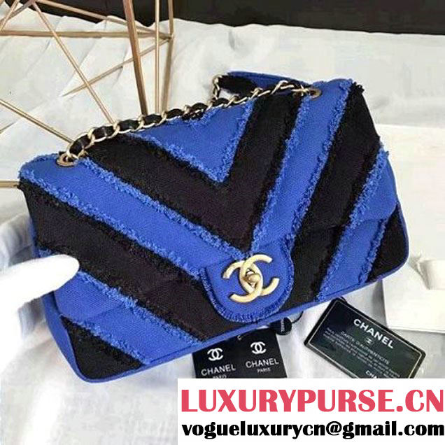 Chanel Canvas Chevron Patchwork Classic Flap Bag A93717 Black/Blue 2017 (KN-6122602 )