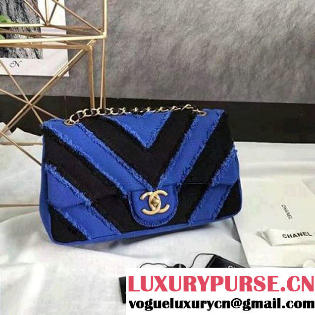 Chanel Canvas Chevron Patchwork Classic Flap Bag A93717 Black/Blue 2017 (KN-6122602 )