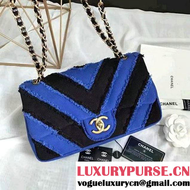 Chanel Canvas Chevron Patchwork Classic Flap Bag A93717 Black/Blue 2017 (KN-6122602 )
