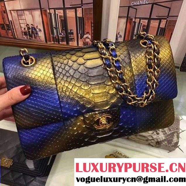 Chanel 1112 Python Classic Flap Bag Blue/Gold 2017 (AW-7040755 )