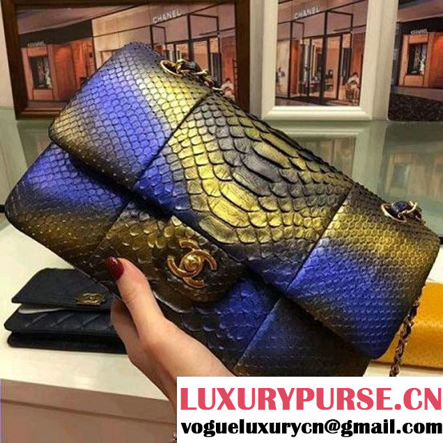 Chanel A1112 Python Leather Medium Classic Flap Bag Blue 2017 (AV-7041852 )