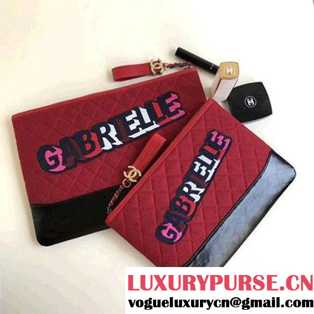 Chanel Felt & Calfskin Gabrielle Pouch Clutch Samll/Large Bag Red 2017 (1a086-7092054 )