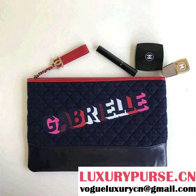 Chanel Felt & Calfskin Gabrielle Pouch Clutch Samll/Large Bag Deep Blue 2017 (1a086-7092053 )