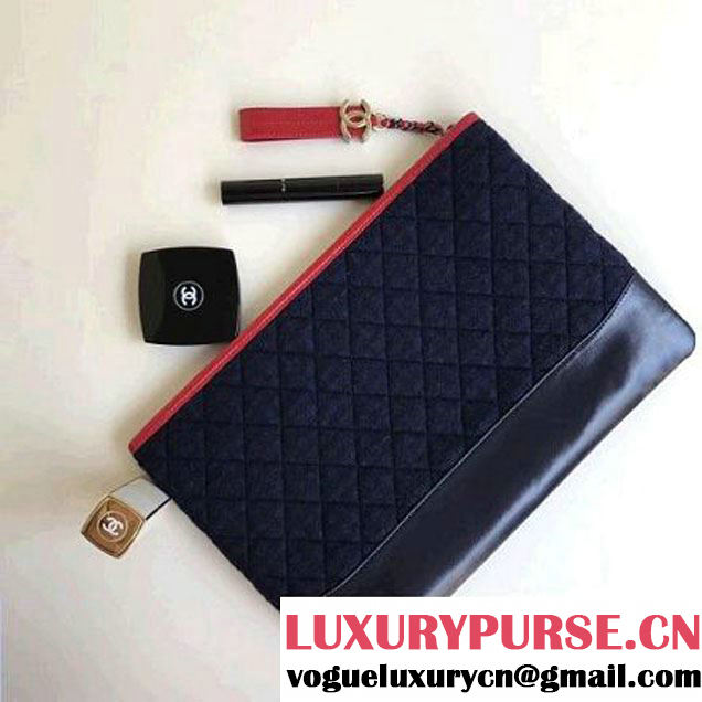 Chanel Felt & Calfskin Gabrielle Pouch Clutch Samll/Large Bag Deep Blue 2017 (1a086-7092053 )