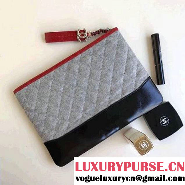 Chanel Felt & Calfskin Gabrielle Pouch Clutch Samll/Large Bag Light Grey 2017 (1a086-7092052 )