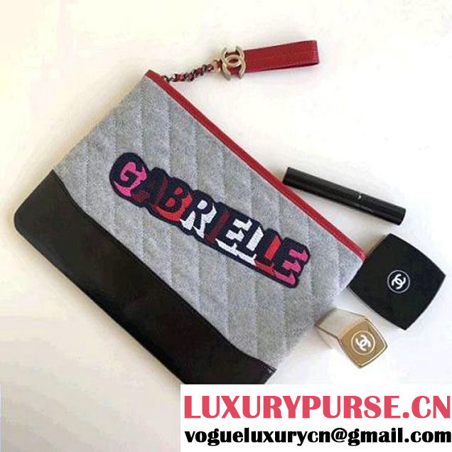 Chanel Felt & Calfskin Gabrielle Pouch Clutch Samll/Large Bag Light Grey 2017 (1a086-7092052 )