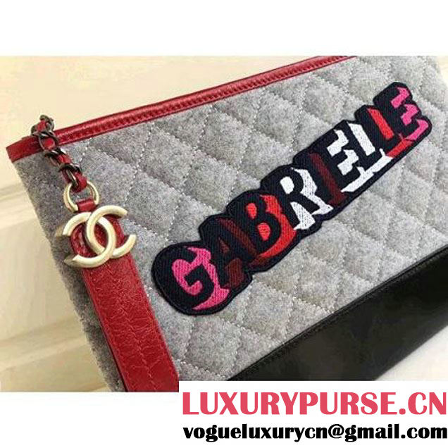 Chanel Felt & Calfskin Gabrielle Pouch Clutch Samll/Large Bag Light Grey 2017 (1a086-7092052 )