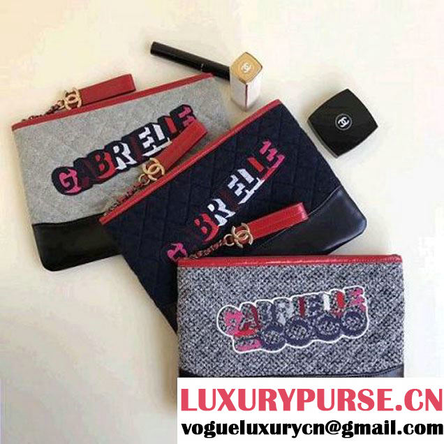 Chanel Felt & Calfskin Gabrielle Pouch Clutch Samll/Large Bag Dark Grey 2017 (1a086-7092051 )